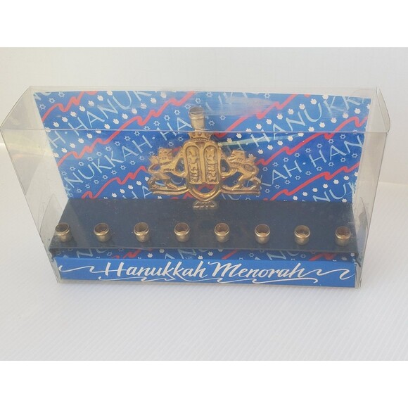 MENORAH Candle Holder JUDAICA Jewish Chanukah Hanukkah VTG Brass Lions Blue Mini - Picture 7 of 9
